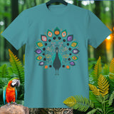 Teal t-shirt with a peacock graphic featuring Halloween-themed fan embellishments.