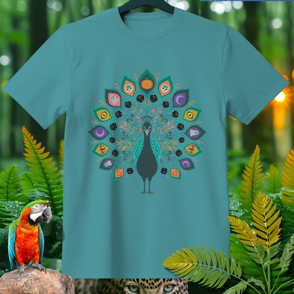 Teal t-shirt with a peacock graphic featuring Halloween-themed fan embellishments.