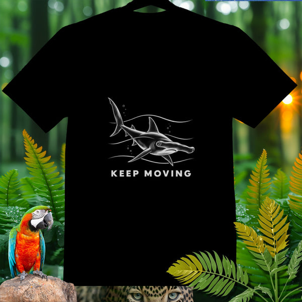Black t-shirt with white hammerhead shark graphic and "KEEP MOVING" text.