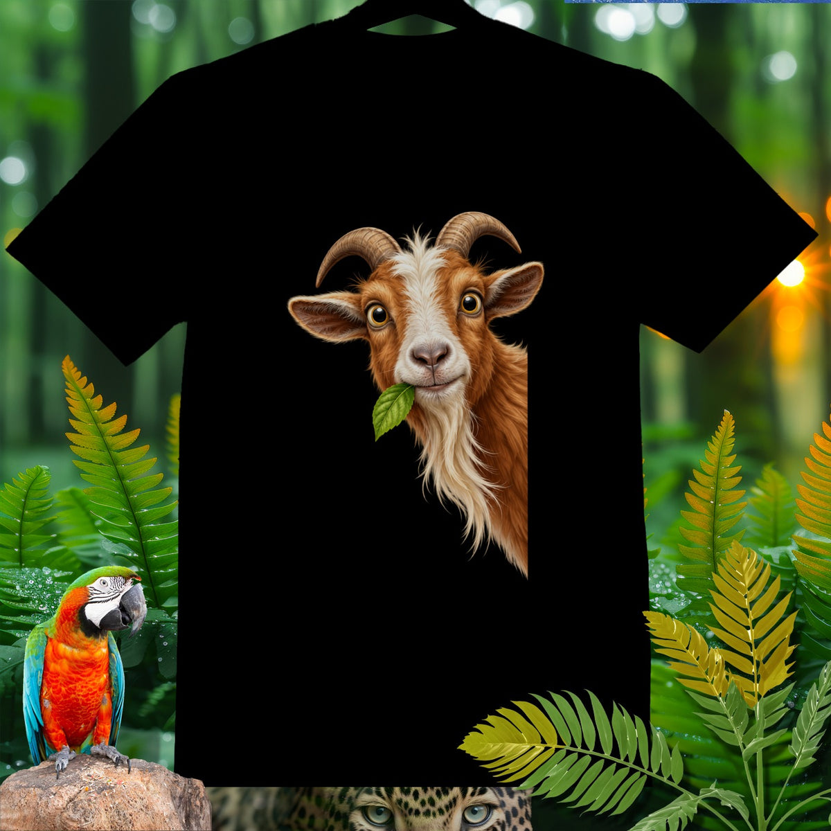 Black t-shirt with a graphic of a goat chewing a leaf, peeking from the side.