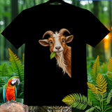 Black t-shirt with a graphic of a goat chewing a leaf, peeking from the side.