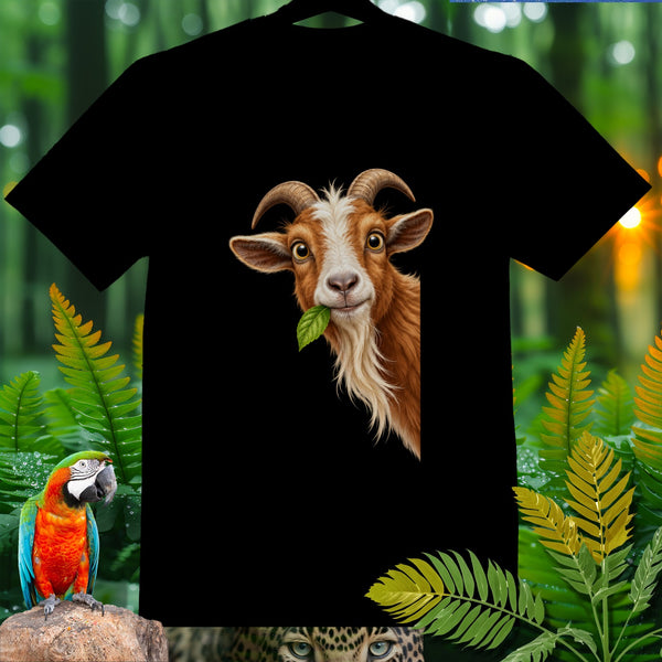 Black t-shirt with a graphic of a goat chewing a leaf, peeking from the side.