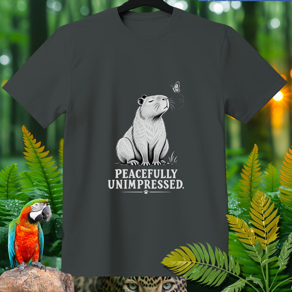 T-shirt with a capybara and butterfly design, text "PEACEFULLY UNIMPRESSED."