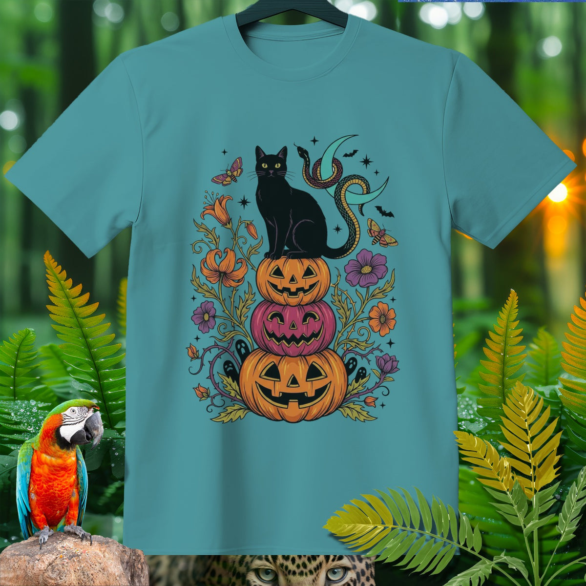 Black cat on stacked pumpkins with snake, moon, and butterflies.