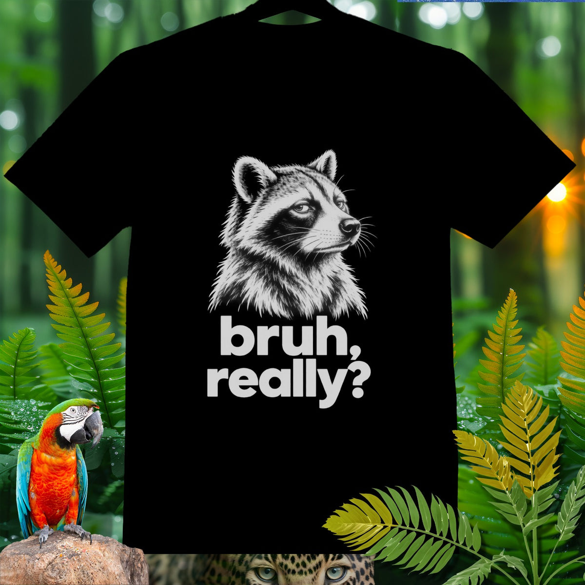 Black t-shirt with raccoon graphic and text "bruh, really?".