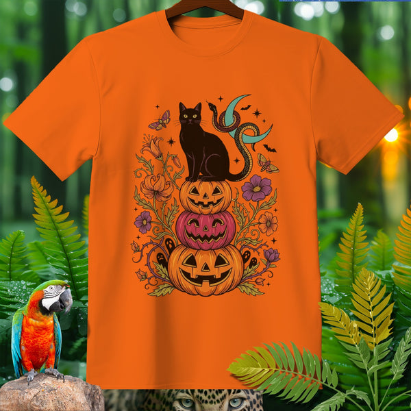 Orange t-shirt with black cat on stacked pumpkins, celestial moon, snake, and butterflies.