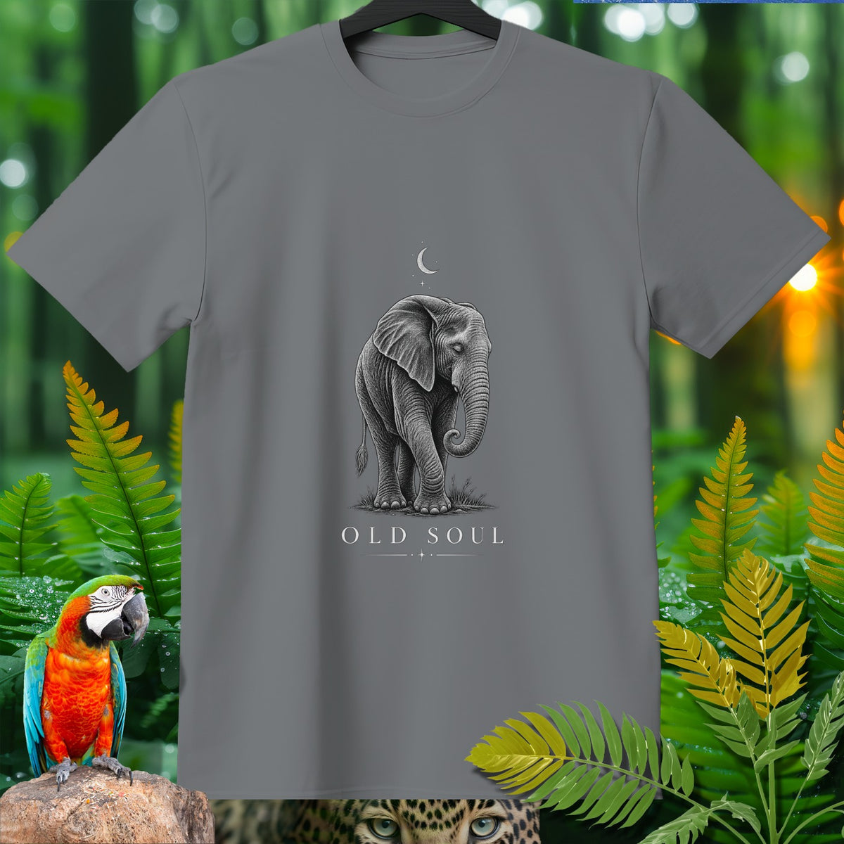 Grey t-shirt with a drawing of an elephant under a moon and stars, text "OLD SOUL".