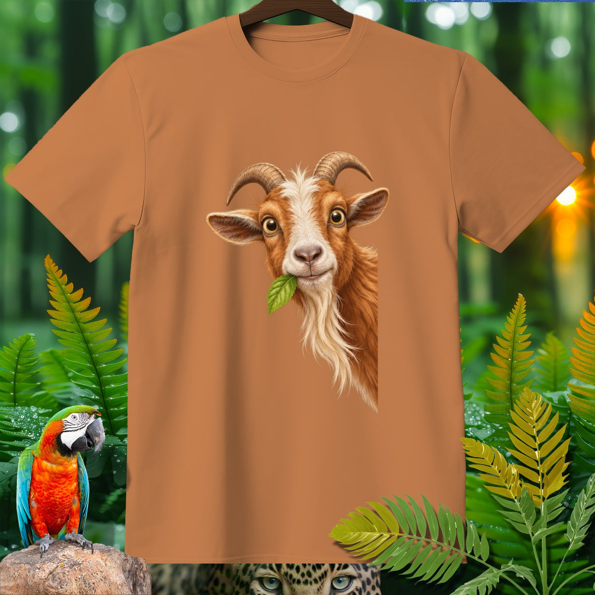 T-shirt with a close-up illustration of a goat eating a leaf.