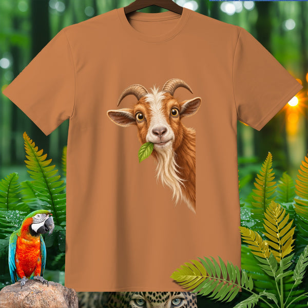 T-shirt with a close-up illustration of a goat eating a leaf.