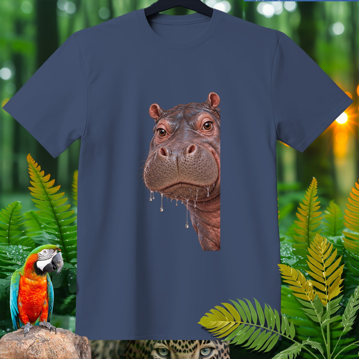 Navy blue t-shirt with a close-up of a hippo's face, parrot, and leopard eyes.