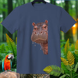 Navy blue t-shirt with a close-up of a hippo's face, parrot, and leopard eyes.