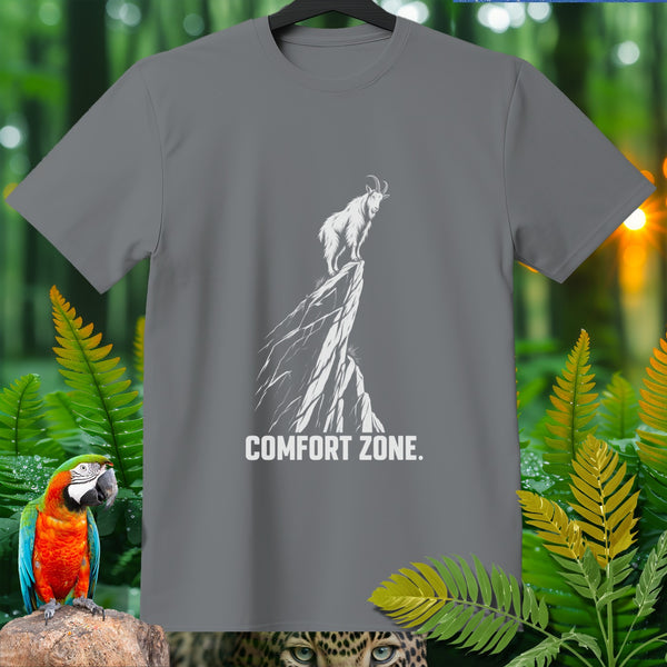 Gray t-shirt with white graphic of goat on cliff and text "COMFORT ZONE."