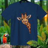 Navy t-shirt with a curious cartoon giraffe peeking from the side.