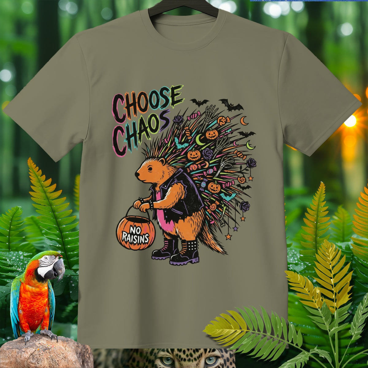 Hedgehog with pumpkin basket and Halloween decorations, text "CHOOSE CHAOS".