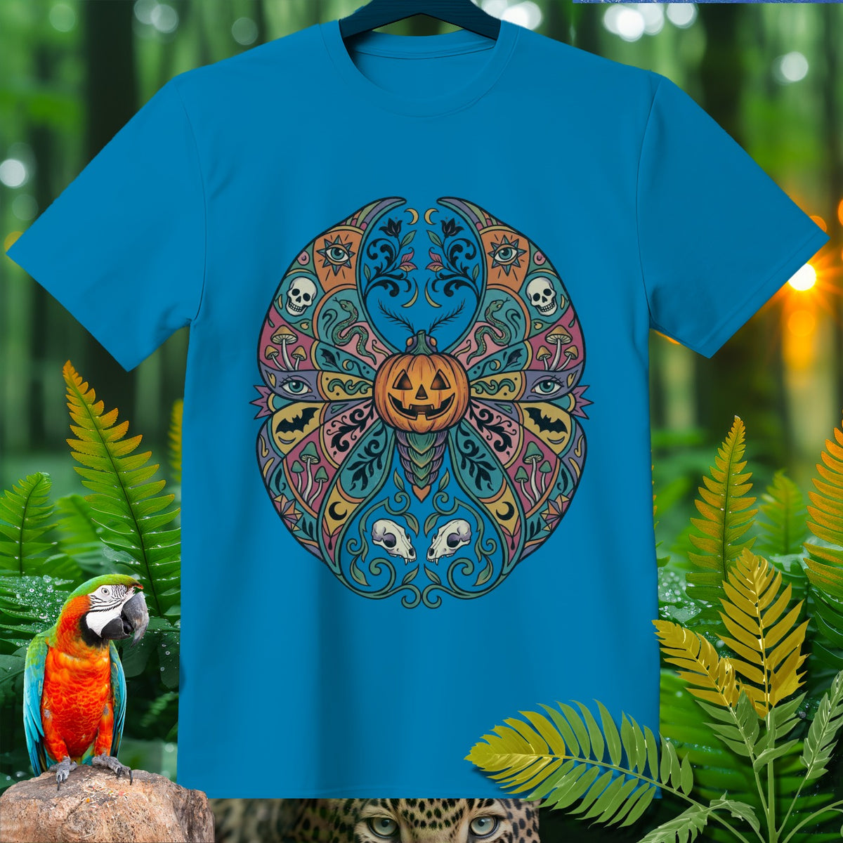 Blue t-shirt with a circular Halloween-themed mandala design featuring a jack-o'-lantern.