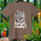 Brown t-shirt with a black and white tiger portrait and text 