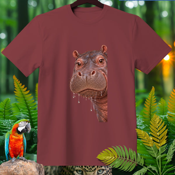 Maroon t-shirt with a close-up illustration of a hippo's face.