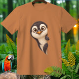 Brown t-shirt with a cartoon penguin peeking from behind.