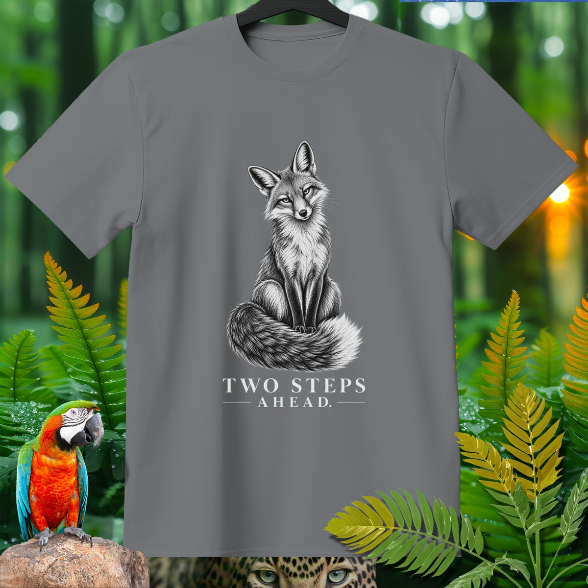 Grey t-shirt with a black and white illustration of a fox and text "TWO STEPS AHEAD".
