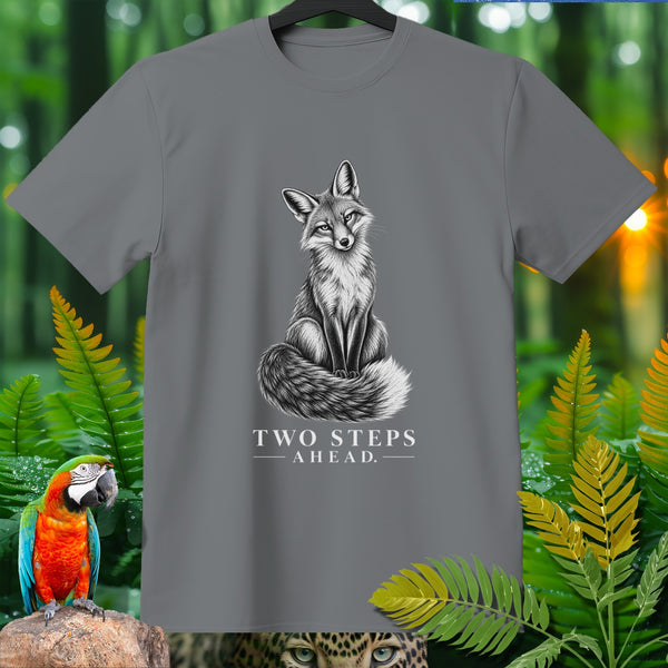 Grey t-shirt with a black and white illustration of a fox and text "TWO STEPS AHEAD".