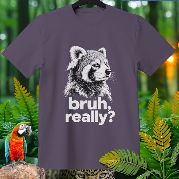 Grey t-shirt with a red panda illustration and "bruh, really?" text.