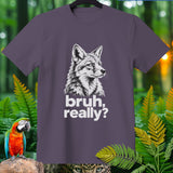 Gray t-shirt with a black and white illustration of a fox and text 