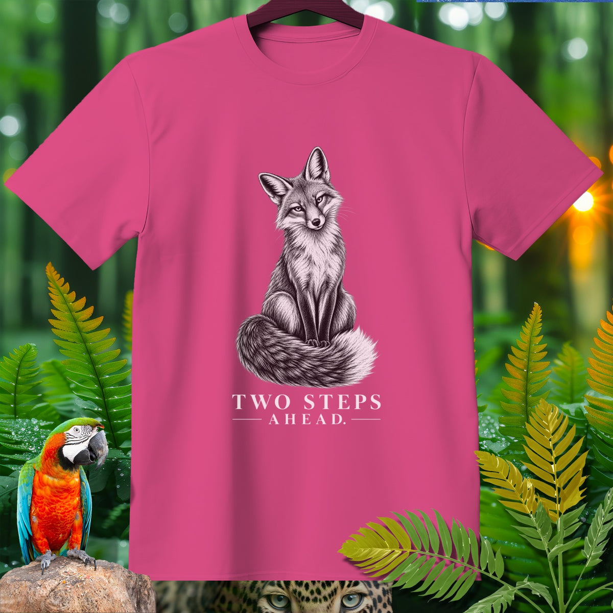 Pink t-shirt with graphic of a fox and text "TWO STEPS AHEAD."