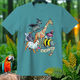Cartoon animals in costumes including a zebra witch, mummy giraffe, and ghost lion holding a banner.