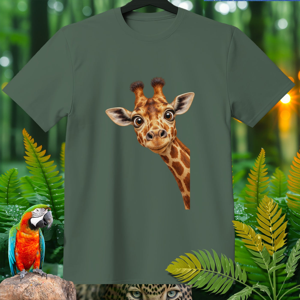 Green t-shirt with a cartoon giraffe peeking from the side.