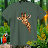 Green t-shirt with a cartoon giraffe peeking from the side.