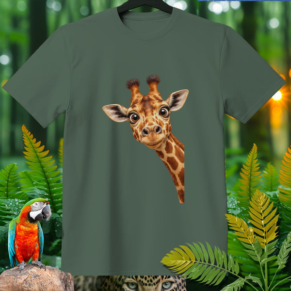 Green t-shirt with a cartoon giraffe peeking from the side.
