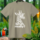 Olive green t-shirt with a white graphic of a skeptical giraffe and the text 