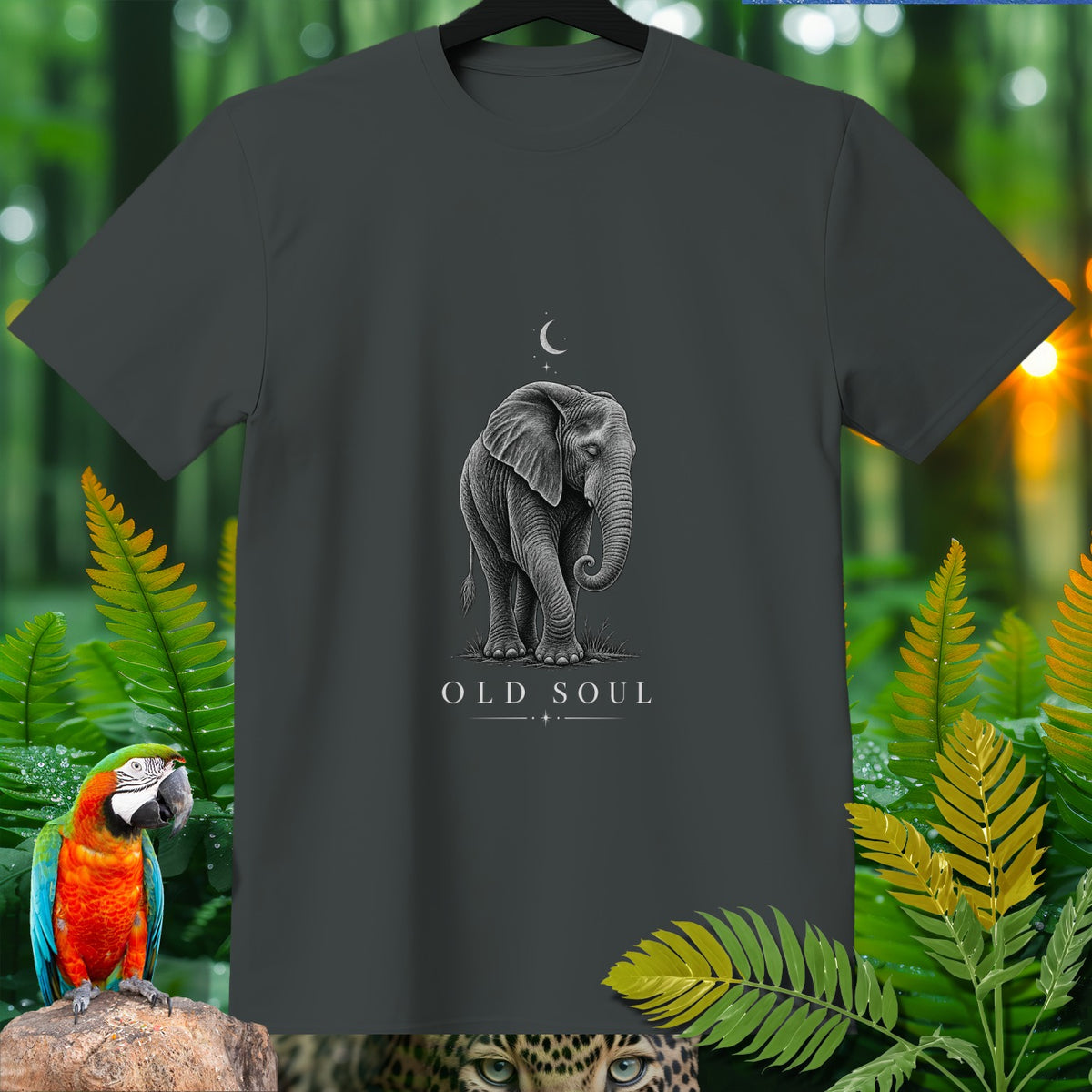 Dark grey t-shirt with a sketch of an elephant under a crescent moon and stars, reading "OLD SOUL".