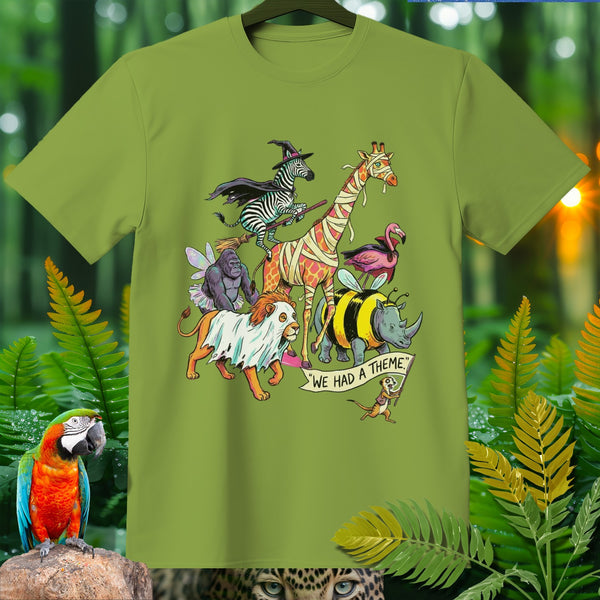 Zoo animals dressed as Halloween characters with "We Had A Theme" banner.