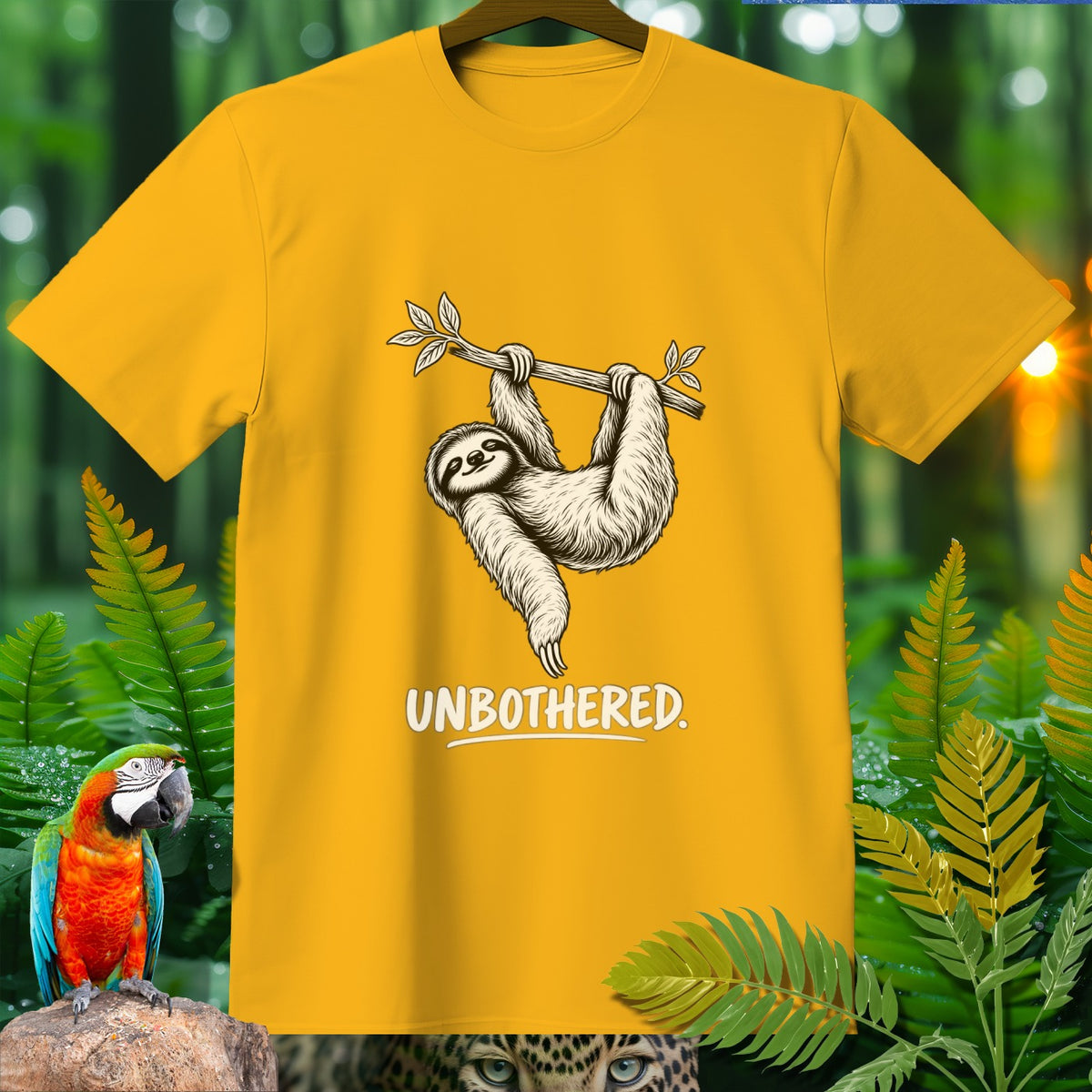 Yellow t-shirt with a sloth hanging from a branch and the text "UNBOTHERED."