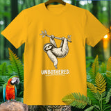 Yellow t-shirt with a sloth hanging from a branch and the text 