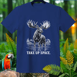 Dark blue t-shirt with a detailed sketch of a moose in water and text 