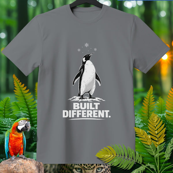 Grey t-shirt with penguin and text "BUILT DIFFERENT."