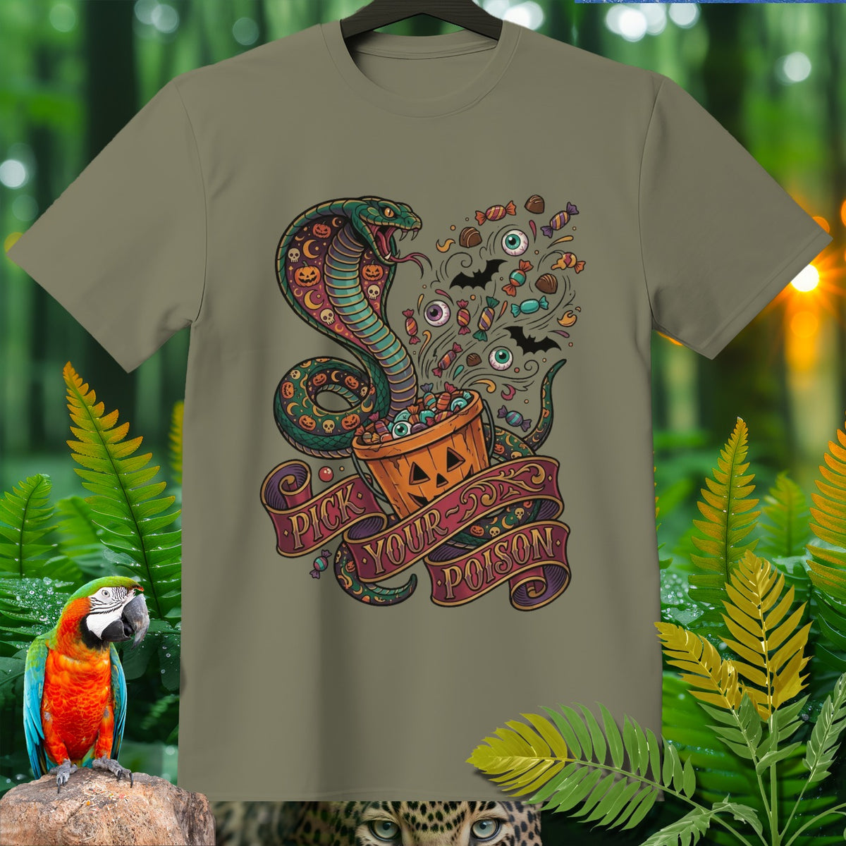 Green t-shirt with Halloween cobra and candy graphic that says "Pick Your Poison".