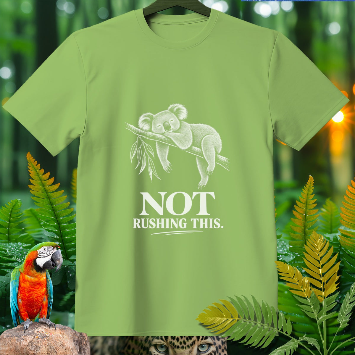 Light green t-shirt with white outline of a sleeping koala and text "NOT RUSHING THIS."