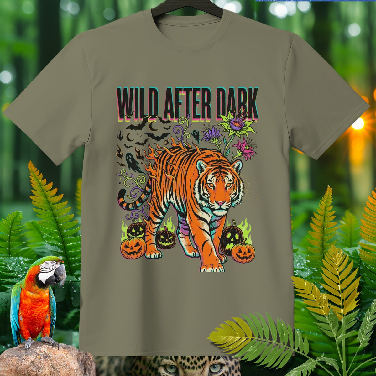 Tiger with flames and pumpkins, "WILD AFTER DARK" text on a grey t-shirt.