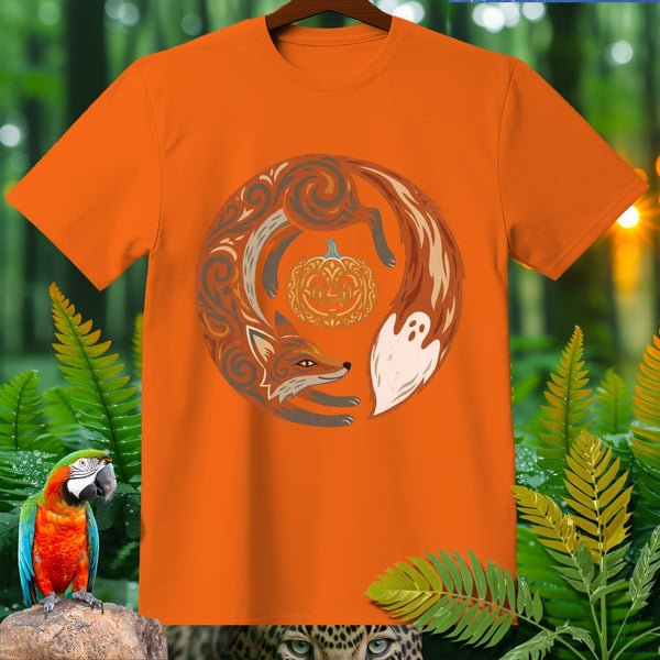 Orange t-shirt with a circular Halloween design featuring a fox, ghost, and pumpkin.