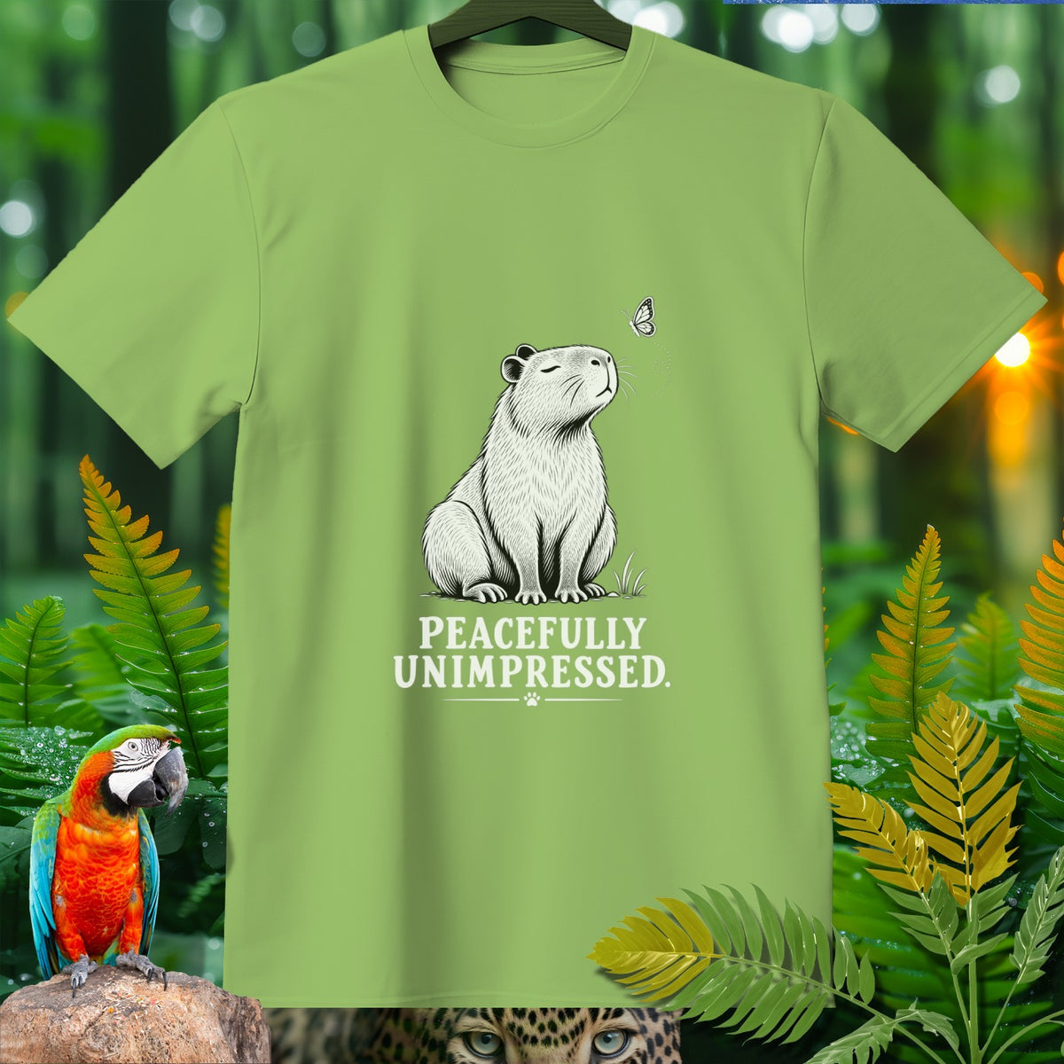 Light green t-shirt with a capybara and butterfly graphic and text.