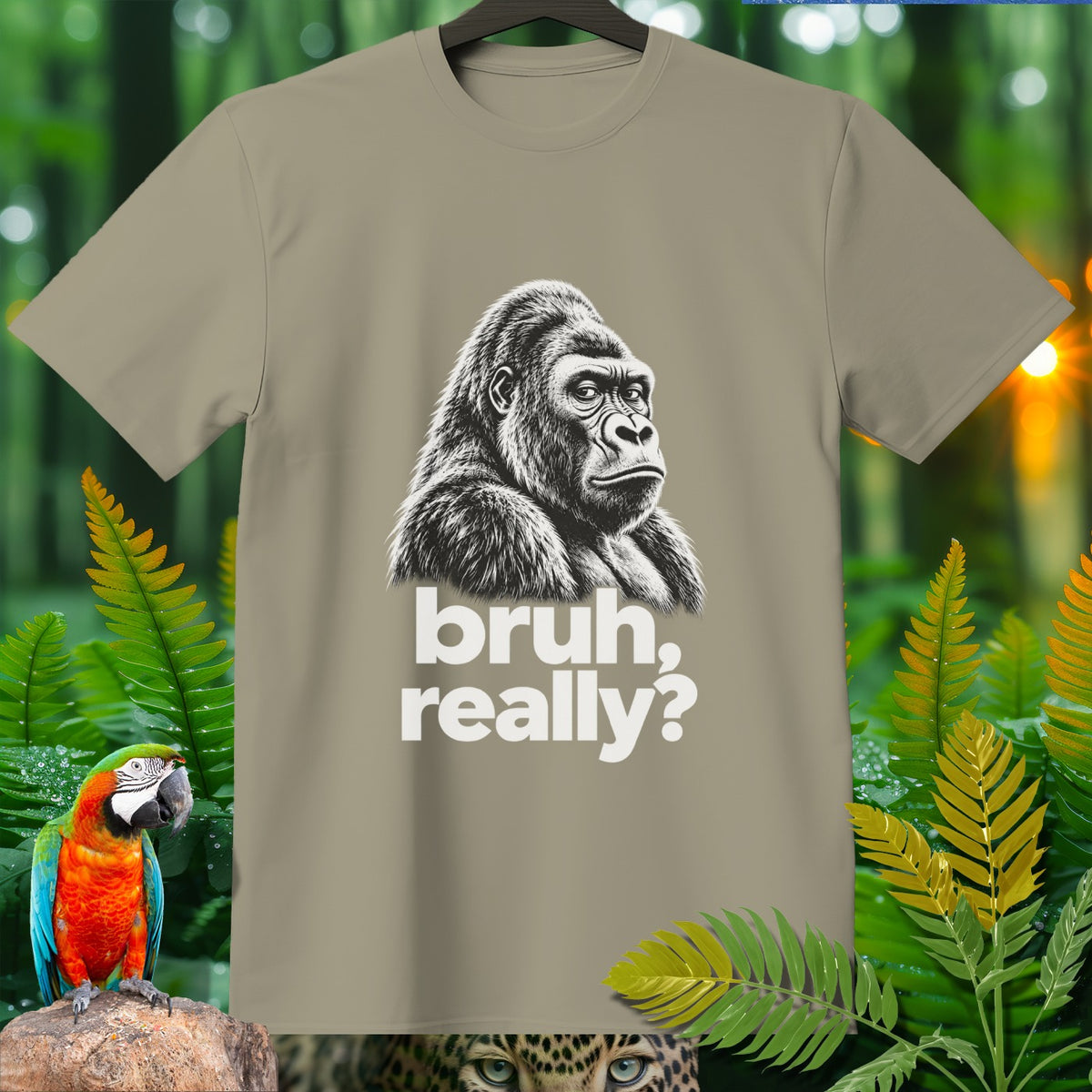 Light tan t-shirt with a gorilla graphic and "bruh, really?" text.