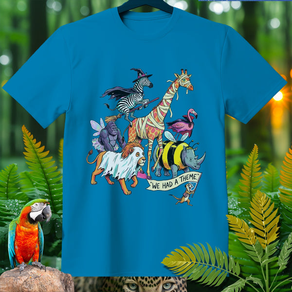 T-shirt design with costumed animals: zebra witch, mummy giraffe, bee rhino, ghost lion, fairy gorilla.