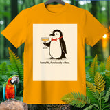 Yellow t-shirt with a graphic of a penguin holding a drink and wearing a bow tie.