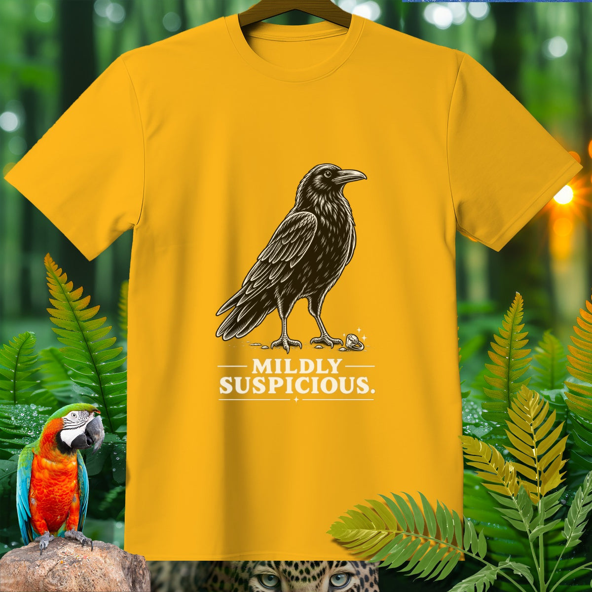 Yellow t-shirt with a crow graphic and the text "MILDLY SUSPICIOUS."