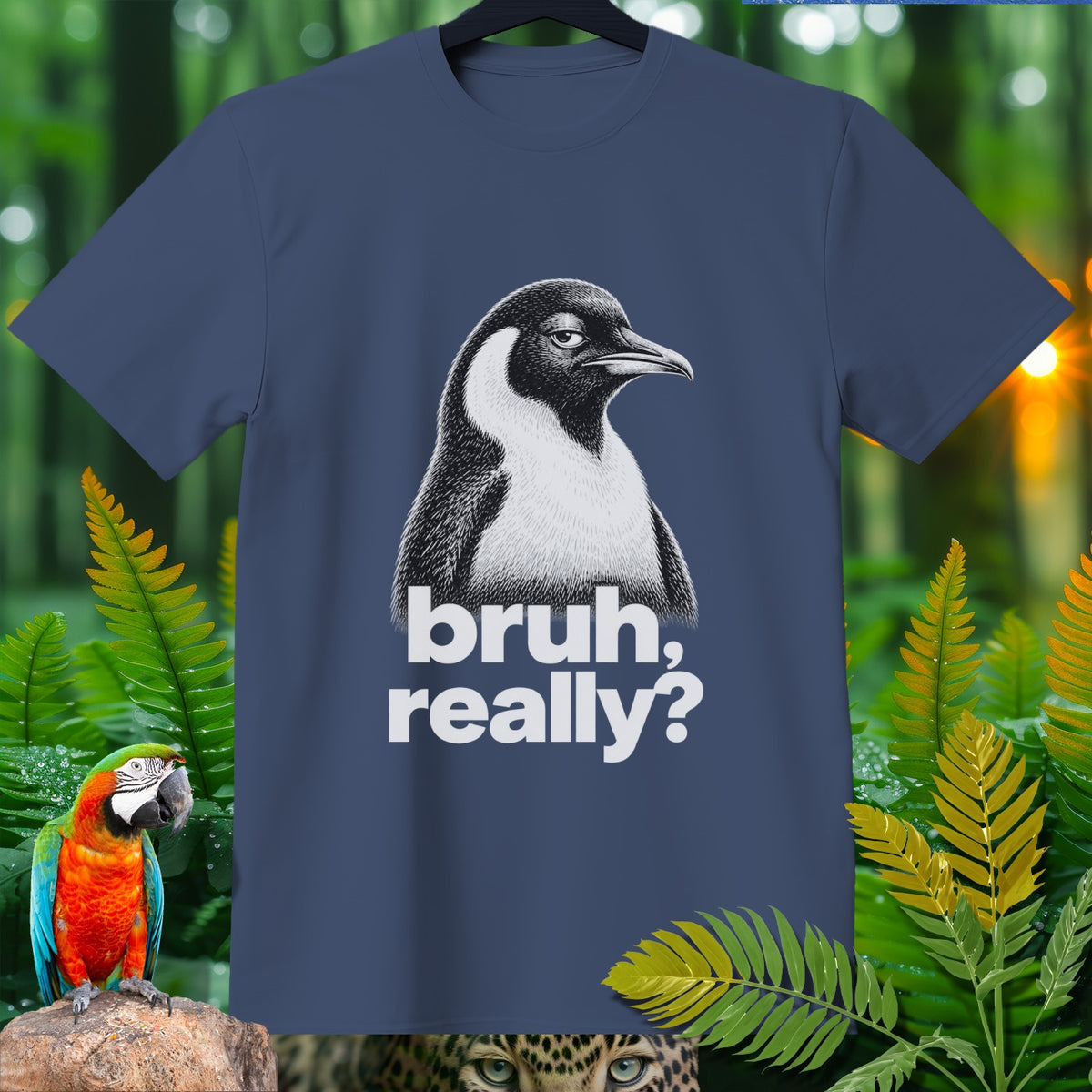 Dark blue t-shirt with a penguin graphic that says "bruh, really?"