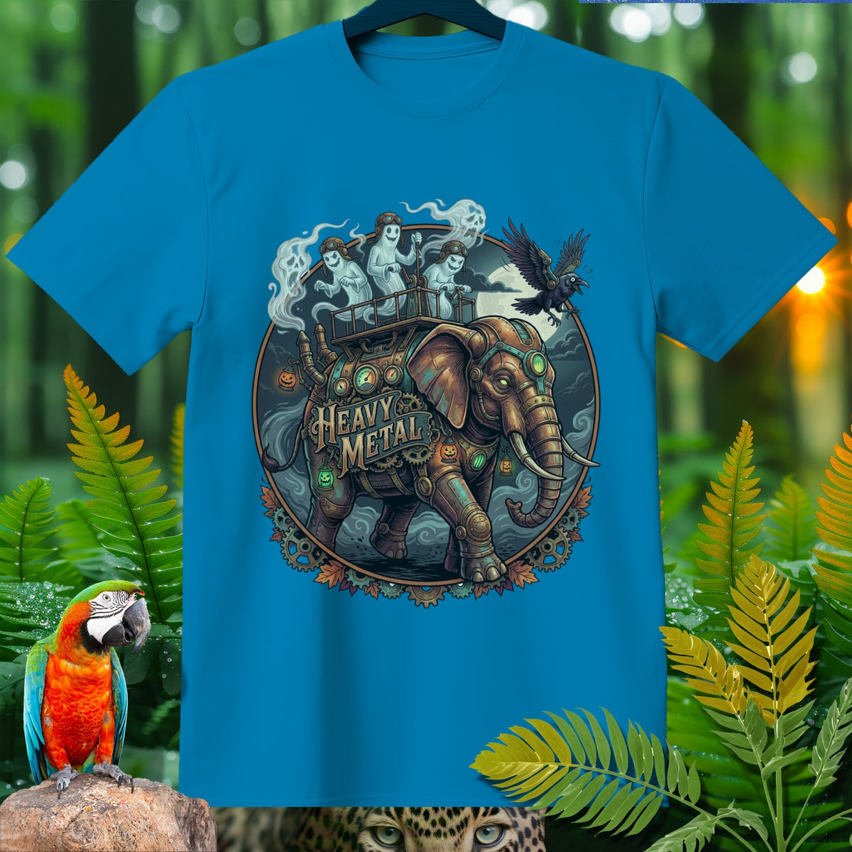 Steampunk elephant with ghosts, raven, and text "Heavy Metal" on a blue t-shirt.