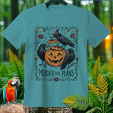 Teal t-shirt with Halloween graphic featuring crows, pumpkin, and text 